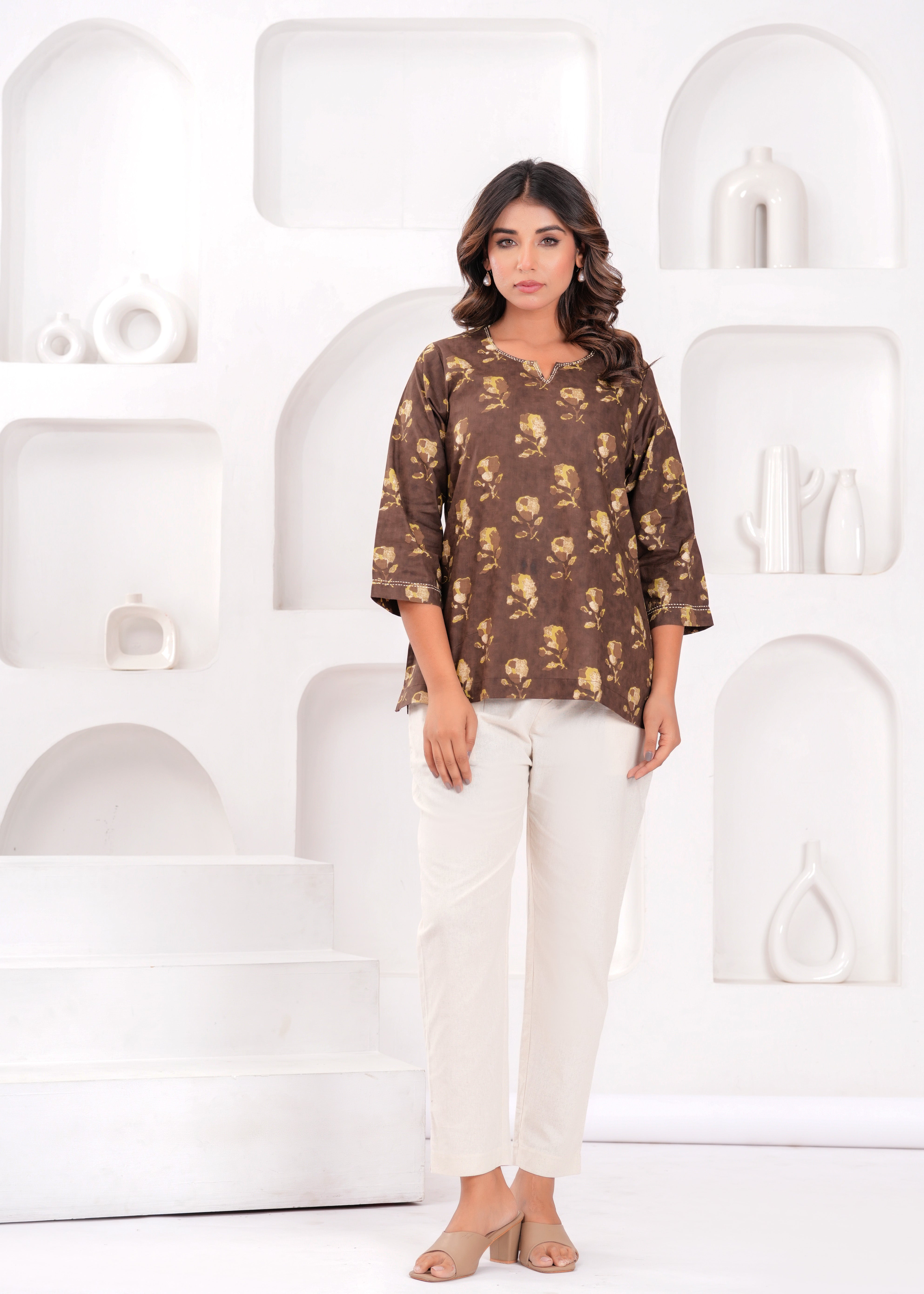 Cocoa Brown Printed Cotton Top